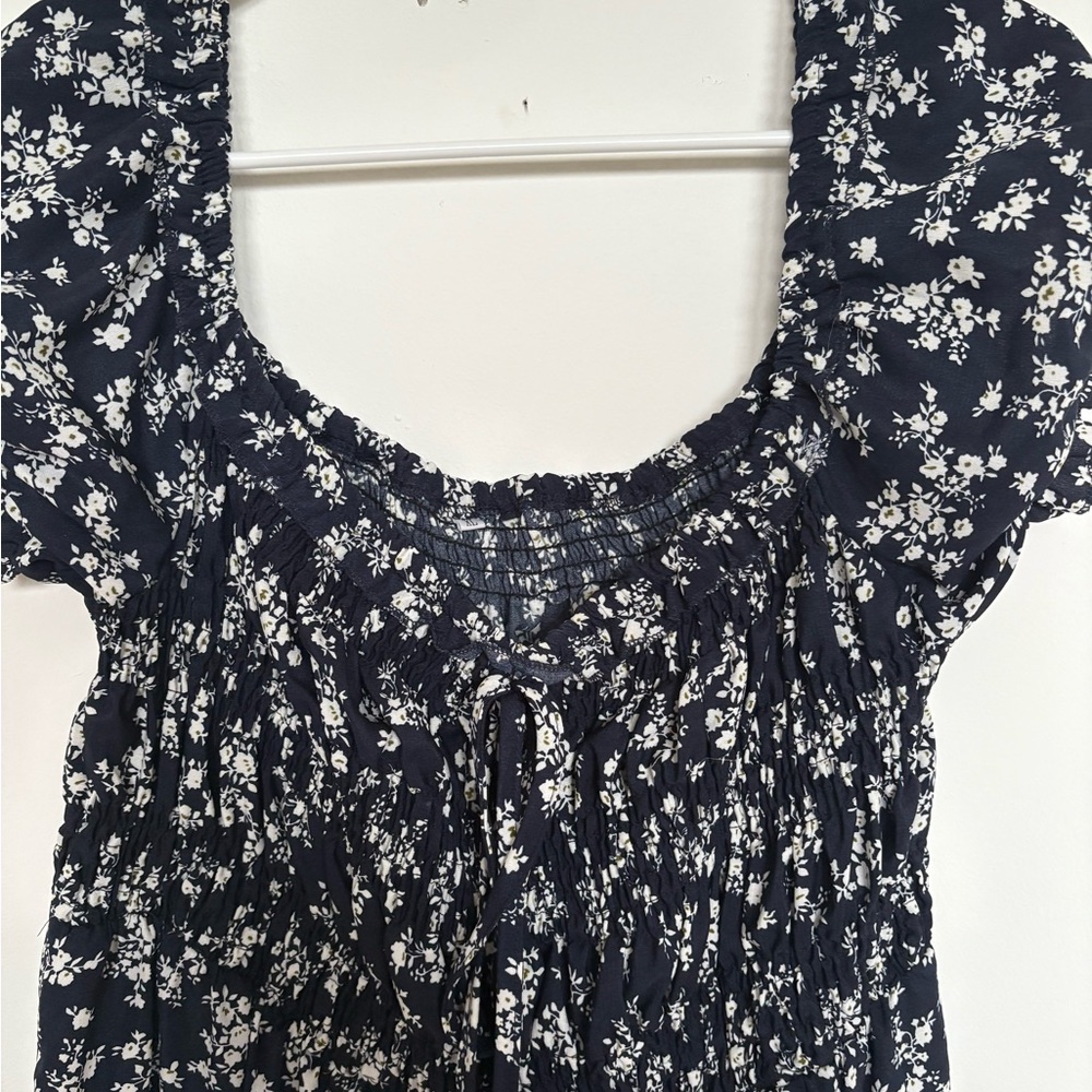 Blue and White Smocked Dress with Puff Sleeves